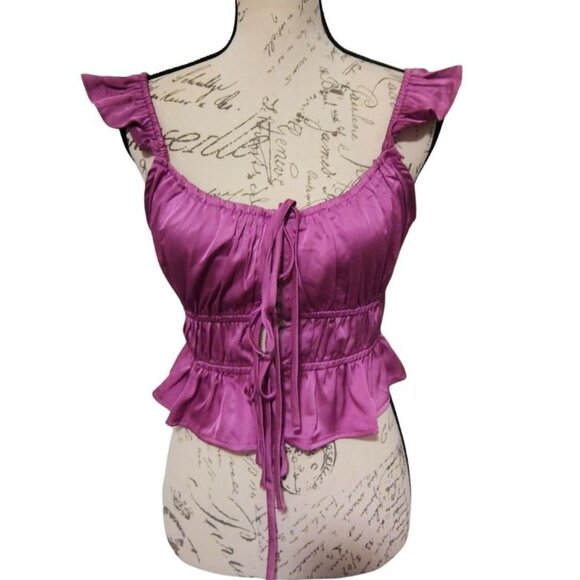 Mixed Threads Womens Blouse Milkmaid Lace Up Front Satin Peasant Whimsygoth - Picture 1 of 7